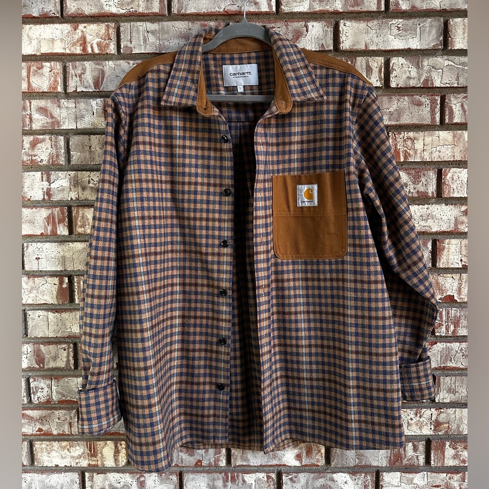 Carhartt WIP Asher Tan Gray and Blue Checkered Plaid Wool Flannel Shirt